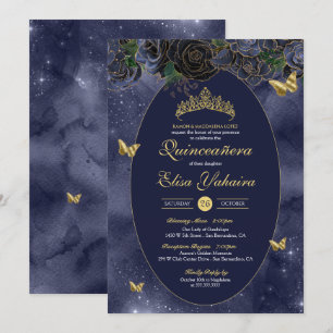 Invitation Bleu bleu or papillon de luxe Quinceanera
