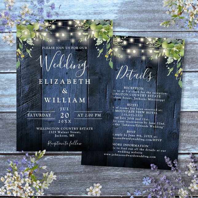 Invitation Bleu Bois Chaîne Lumière Verdure Détails Mariage (Blue Wood String Light Greenery Details Wedding Invitation)