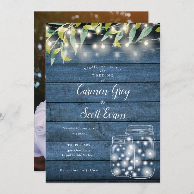 Invitation Bleu Bois vert Mason Jar Lumières Mariage photo (Devant / Derrière)