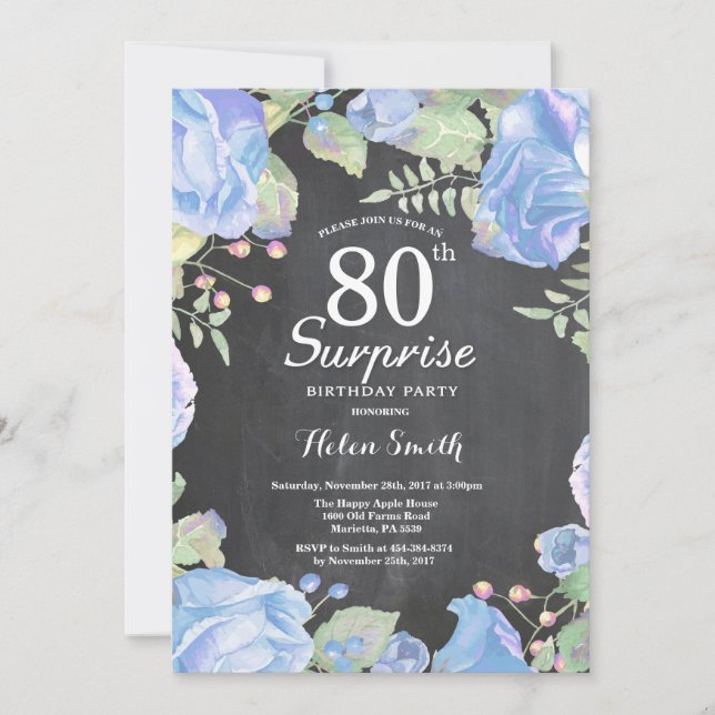Invitation Bleu botanique Floral Surprise 80e anniversaire (Devant)