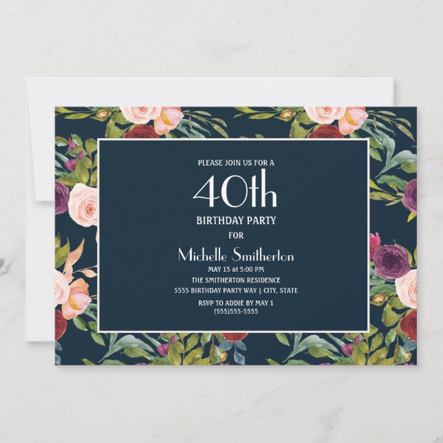 Invitation Bleu Bourgogne Blush Floral 40e anniversaire (Devant)