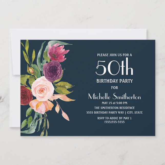 Invitation Bleu Bourgogne Blush Floral 50e anniversaire (Devant)