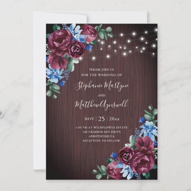 Invitation Bleu Bourgogne Chaîne Lumière Mariage en bois Flor (Devant)