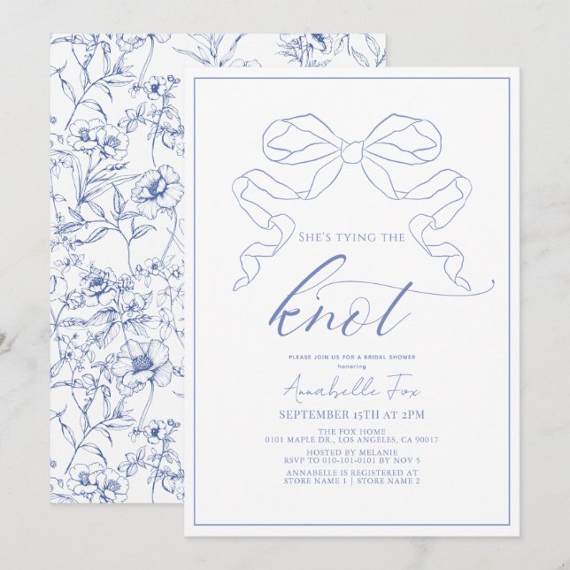 Invitation Bleu Bow Attache la Fête des mariées de noeud (Devant / Derrière)