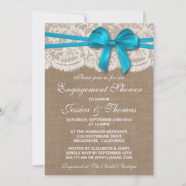 Invitation Bleu Bow Rustique Burlap & dentelle Fiançailles do (Devant)