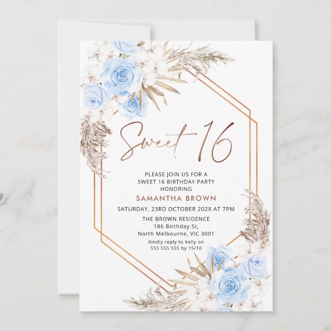Invitation Bleu Brown Boho Pampas Grass Sweet 16 Anniversaire (Devant)