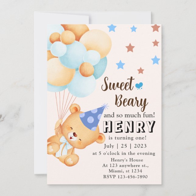 Invitation Bleu Brown doux Ours avec ballons Anniversaire du  (Devant)