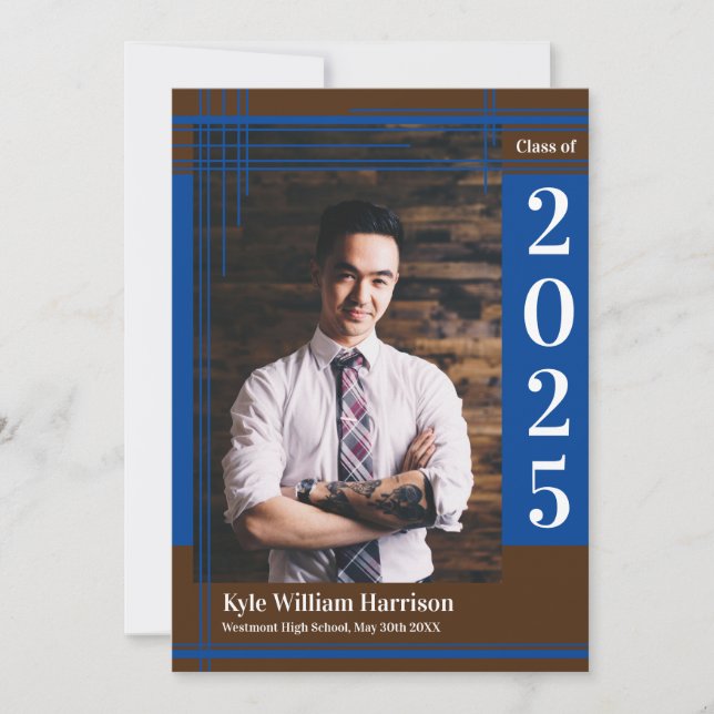 Invitation Bleu Brown École Couleur Graduation Photo Plaid (Devant)