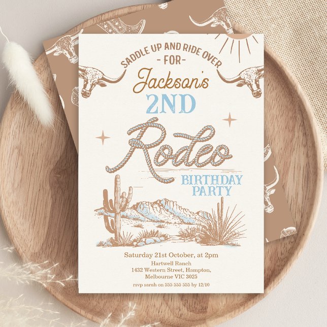 Invitation Bleu Brown N'importe quel âge Rodéo Occidental Ann (Boys Rodeo Birthday Invitation, Any Age Western themed, Wild West, Cowboy, Southern Country Rope)