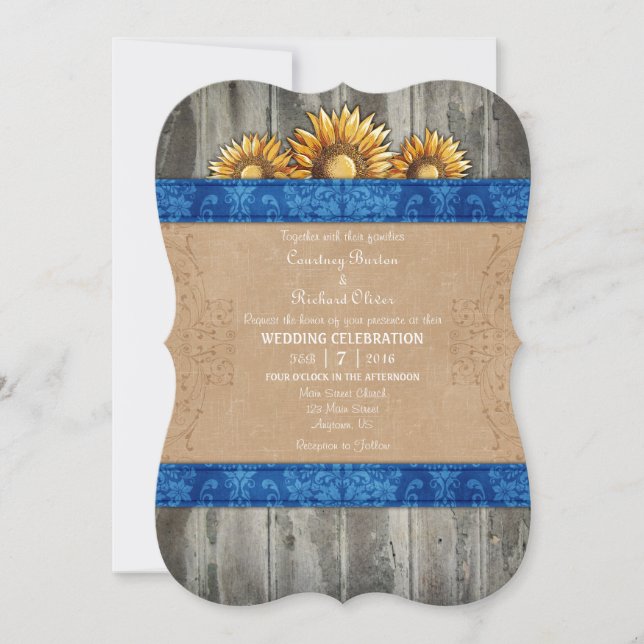 Invitation Bleu Brown Rustique Mariage de tournesol Invitatio (Devant)
