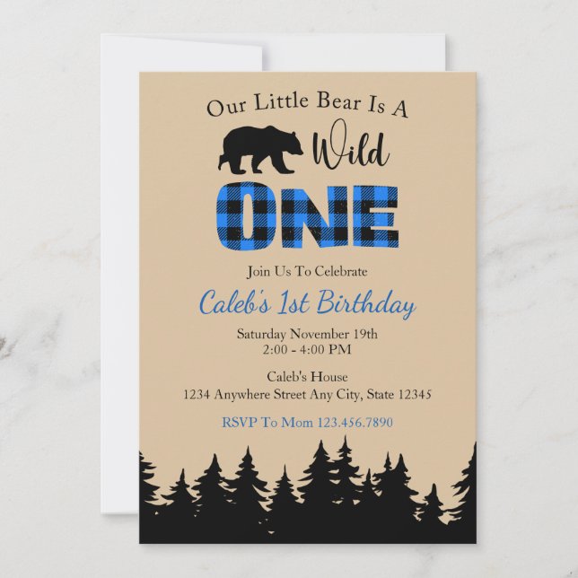Invitation Bleu Buffalo Plaid Lumberjack 1er anniversaire (Devant)