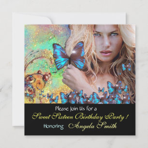 INVITATION BLEU BUTTERFLY SWEET 16 PARTY MONOGRAM