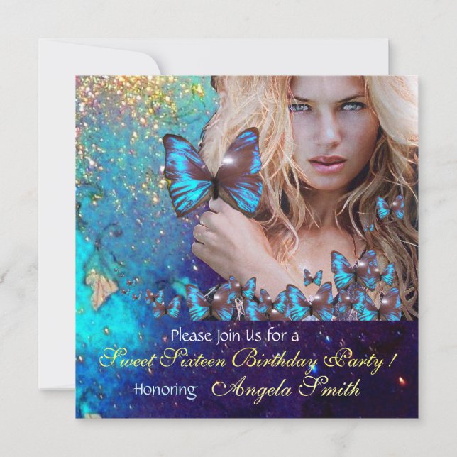 INVITATION BLEU BUTTERFLY SWEET 16 PARTY MONOGRAM (Devant)