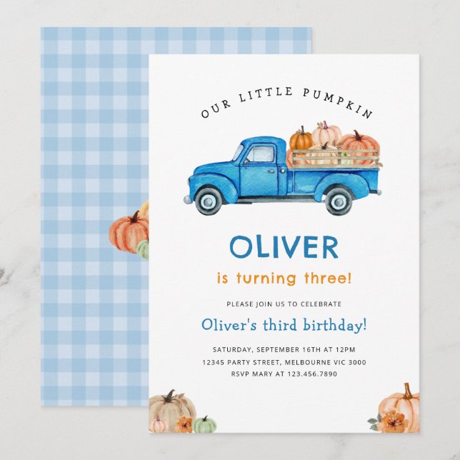 Invitation Bleu Camion & Citrouille Automne Ferme Anniversair (Devant / Derrière)