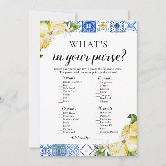 Invitation Bleu Carreau Ce qui est dans votre sac jeu de Fête (Devant)