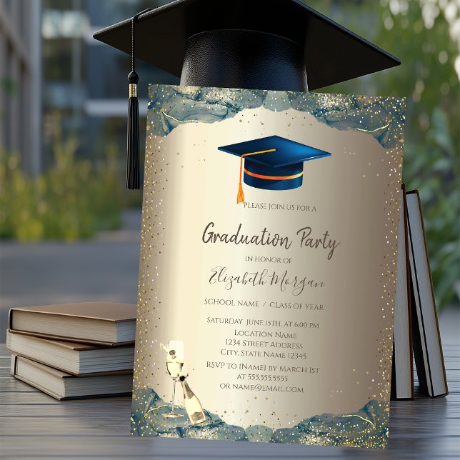 Invitation Bleu Casquette, Vin Verre Confetti Graduation (Créateur téléchargé)