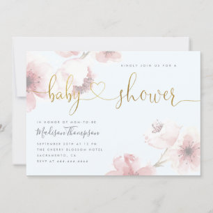 Invitation Bleu cerisier fleurs or Script Baby shower floral