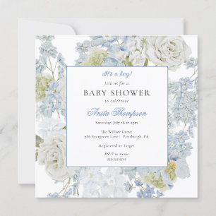 Invitation Bleu C'est un garçon Baby shower Floral Bow