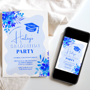 Invitation Bleu chaud ondulé cadre boho graduation florale