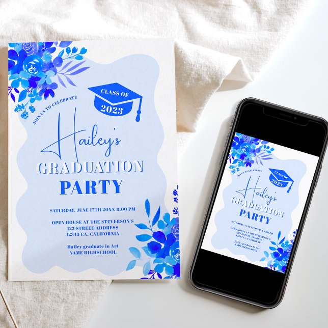 Invitation Bleu chaud ondulé cadre boho graduation florale (Créateur téléchargé)
