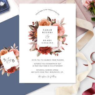 Invitation Bleu chic, Brousse Bourgogne et Mariage floral ros