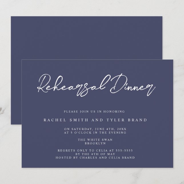 Invitation Bleu Chic de la Marine Élégant Dîner de répétition (Devant / Derrière)