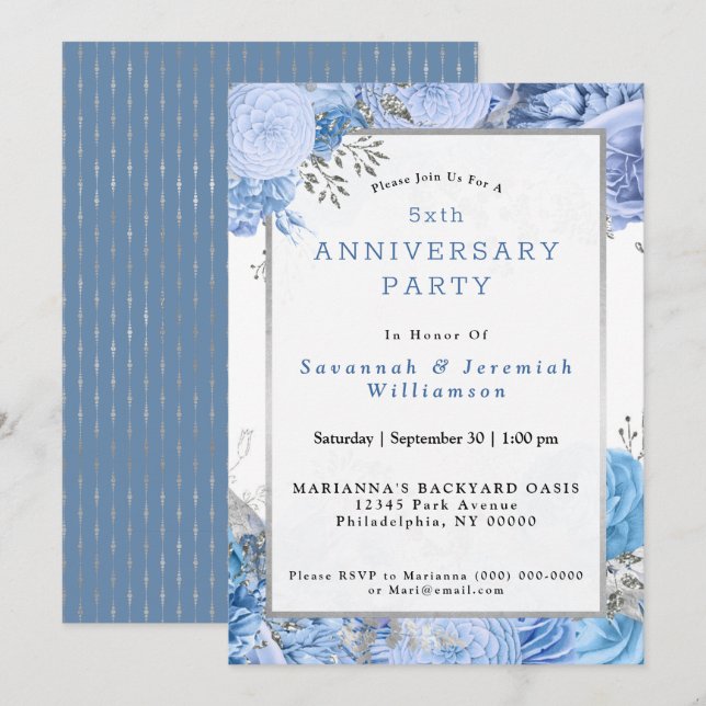 Invitation Bleu Chic Fleurs Argentées Personnalisable Anniver (Devant / Derrière)