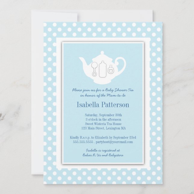 Invitation Bleu chic| Teapot Baby shower blanc Teapot Party (Devant)