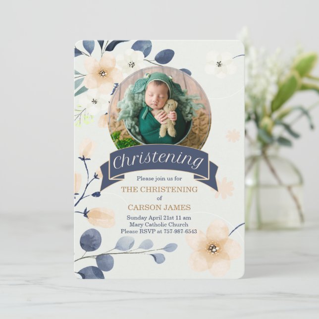 Invitation Bleu Christening pour bébé garçon Fleurs jaunes (Debout devant)