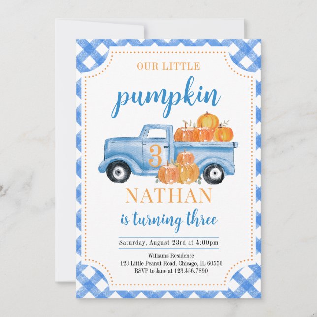 Invitation Bleu Citrouille Camion Anniversaire (Devant)