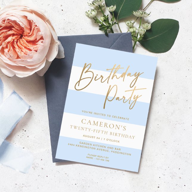 Invitation Bleu clair Bande Or Anniversaire (Birthday Party Invitation Stripe )