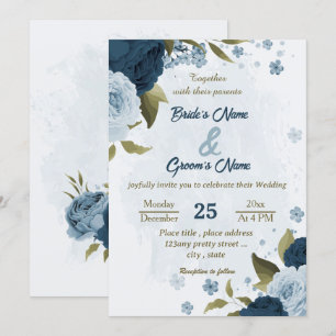 Invitation bleu clair bleu marine bleu fleurs mariage botaniq