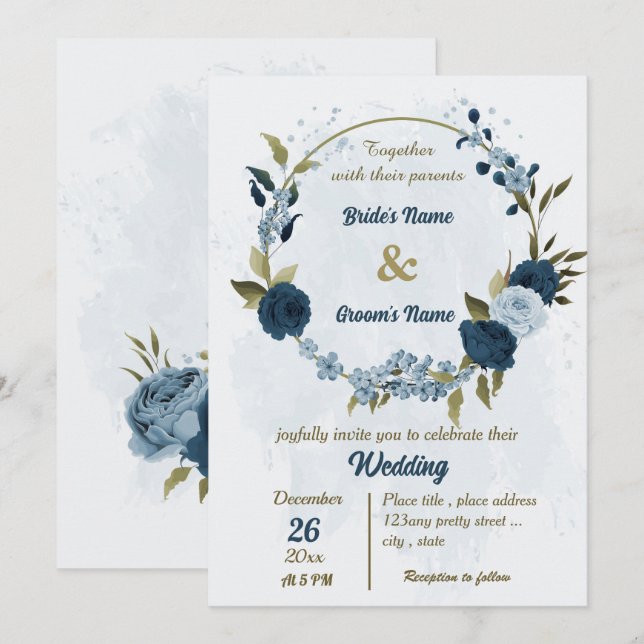 Invitation bleu clair bleu marine bleu fleurs mariage botaniq (Devant / Derrière)
