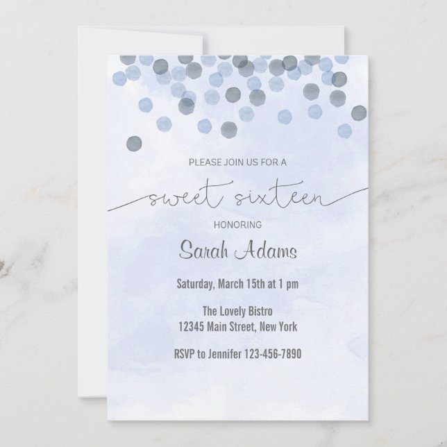 Invitation bleu-clair d'anniversaire de confettis (Devant)