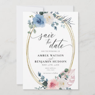 Invitation Bleu clair Dusty Rose Floral Enregistrer La Date