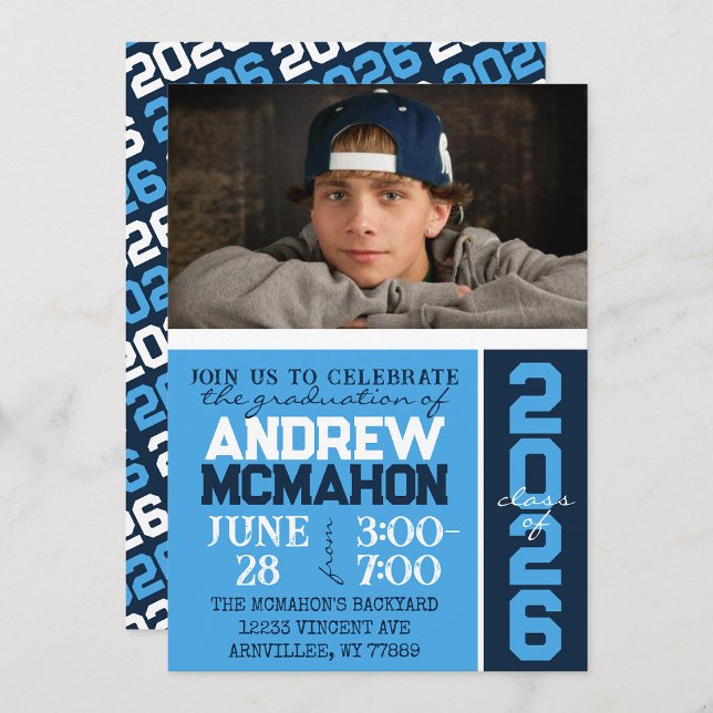 Invitation Bleu clair et Marine Moderne - Photo de graduation (Light Blue & Navy Modern Graduation Photo Invitation)