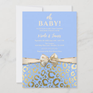 Invitation Bleu clair et or pailleté imprimé léopard Baby Sho