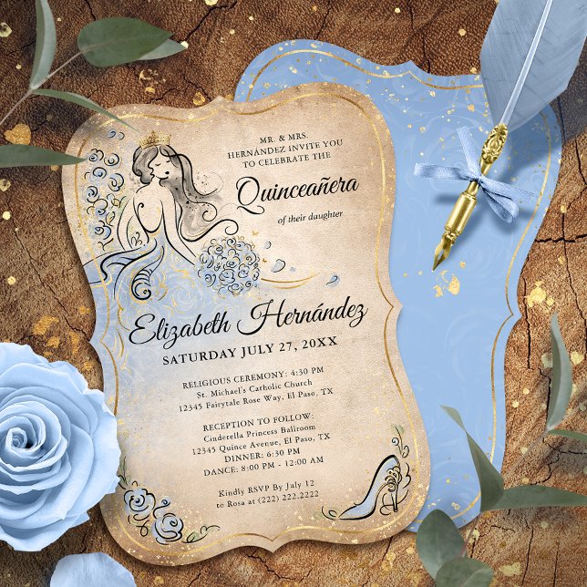 Invitation Bleu clair et or princesse Quinceanera Anniversair (Unique, downloadable gold and light blue quinceanera invitations on an editable DIY template.)