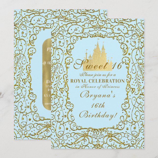 Invitation Bleu clair et or Royal Castle Princess Sweet 16 (Devant / Derrière)