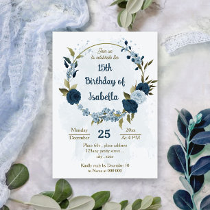 Invitation bleu clair fleurs de la marine anniversaire botani