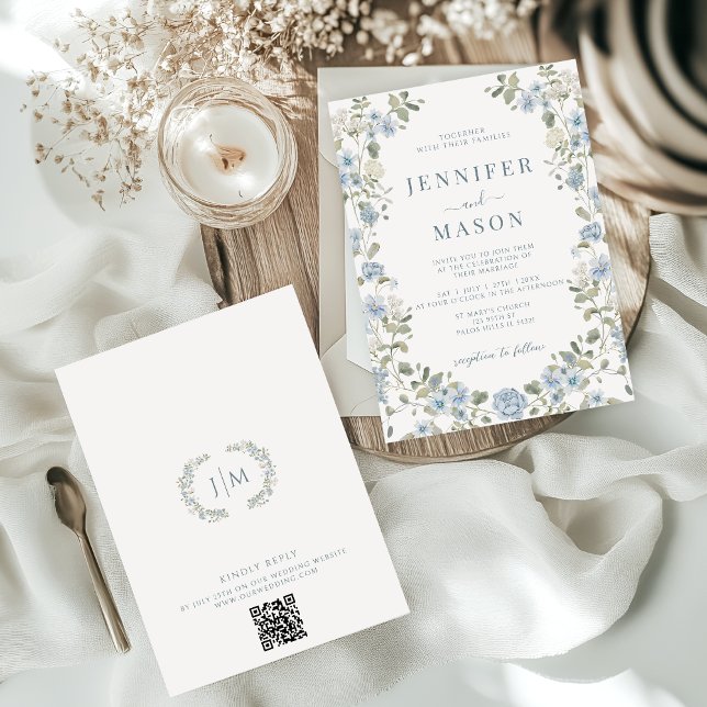 Invitation Bleu clair Floral verdure Wreath Garden Mariage (Créateur téléchargé)