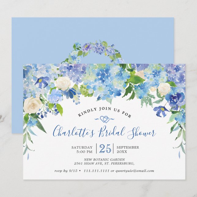 Invitation Bleu clair Hydrangée Fête des mariées verdoyante (Devant / Derrière)