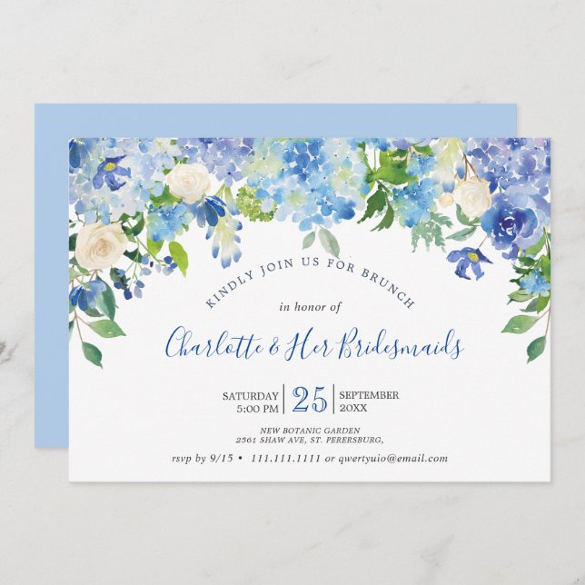 Invitation Bleu clair Hydrangées vertes Bridesmaids Brunch (Devant / Derrière)