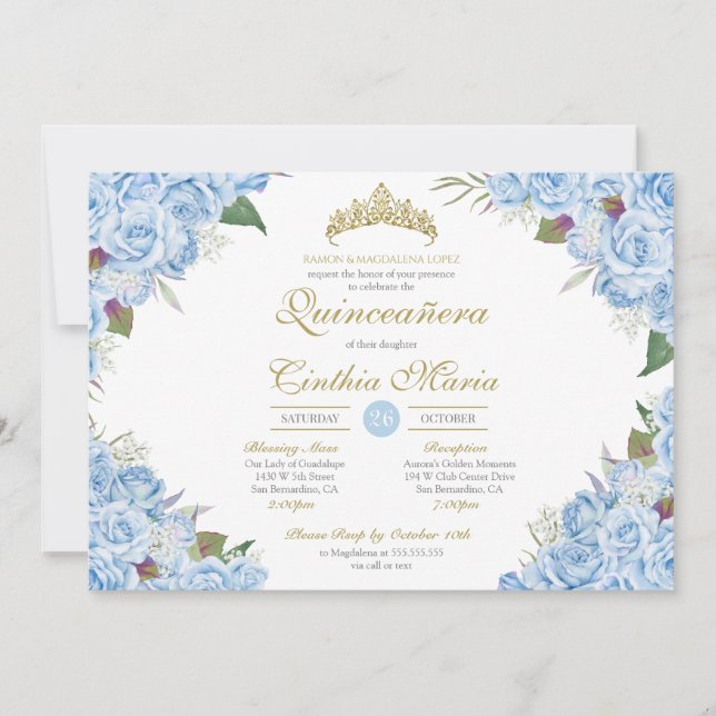 Invitation Bleu clair Rose Floral Cendrillon Quinceanera (Devant)