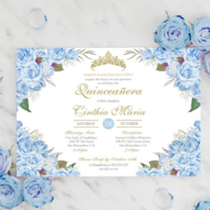 Invitation Bleu clair Rose Floral Cendrillon Quinceanera