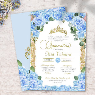 Invitation Bleu clair Rose Floral Or élégant Quinceanera