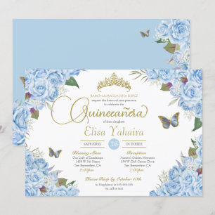 Invitation Bleu clair Rose Floral Tiara Butterfly Quinceanera