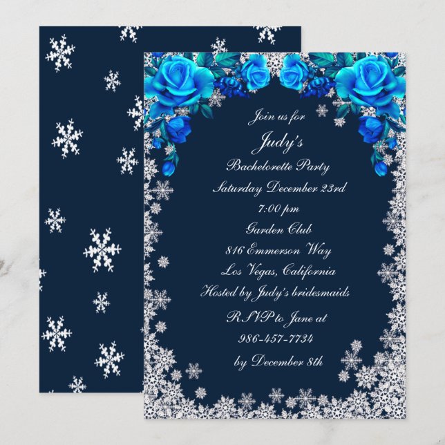 Invitation Bleu clair Roses Flocon de neige Bachelorette (Devant / Derrière)