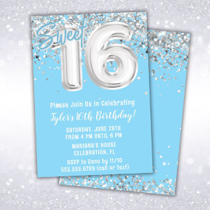 Invitation Bleu clair Silver Sweet 16e fête d'anniversaire