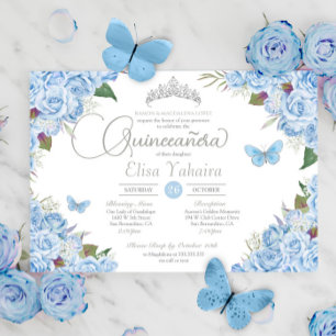 Invitation Bleu clair Silver Tiara Butterfly Quinceanera